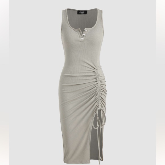 Cider Dresses Cider Gray Rib Tank Button High Slit Drawstring Midi